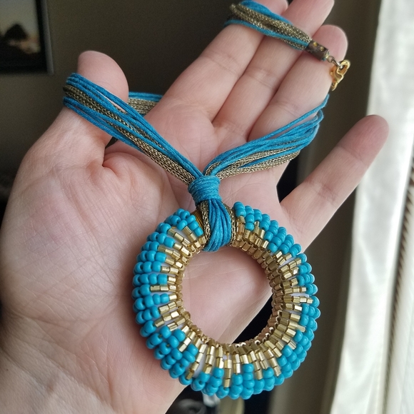 Turquoise Gold Beaded Statement Necklace Handmade NEW